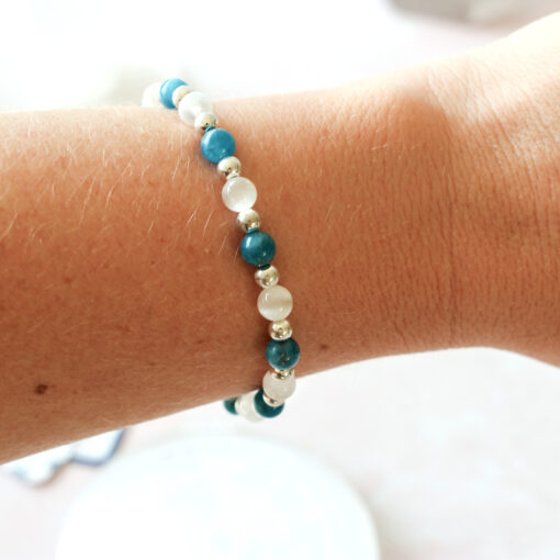 Energy and Metabolism Crystal Bracelet | Blue Apatite, Selenite, 6mm Beads, Silver - Image 7