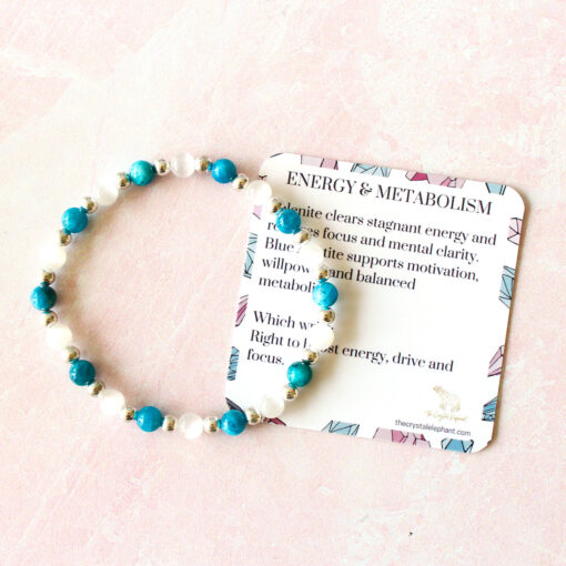 Energy and Metabolism Crystal Bracelet | Blue Apatite, Selenite, 6mm Beads, Silver - Image 2