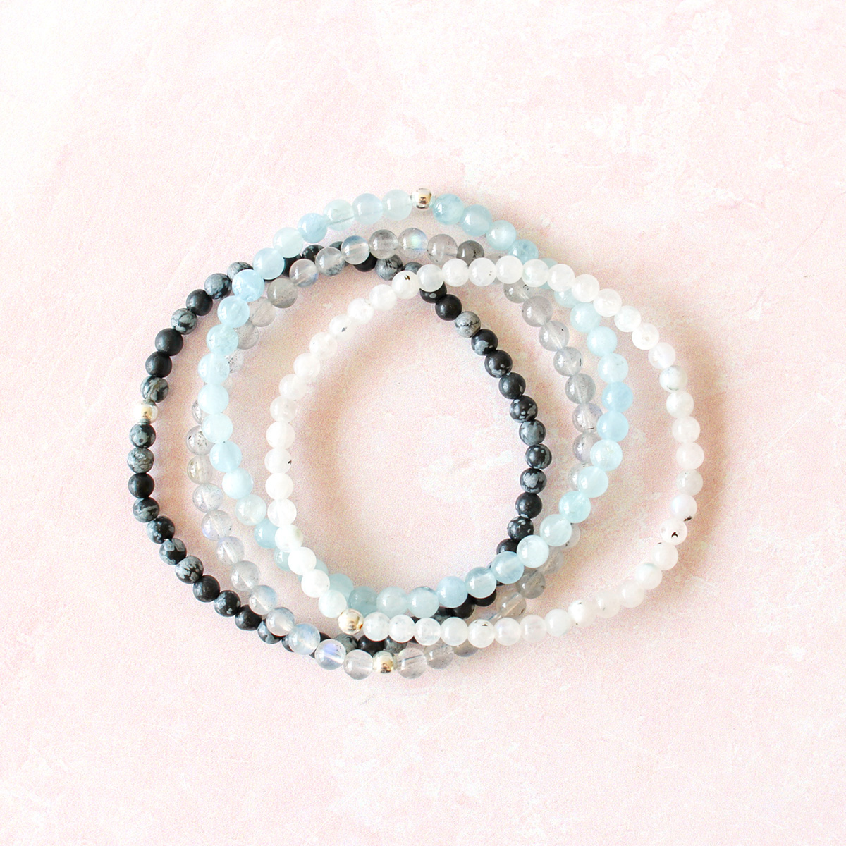Moon Phase Crystal Bracelet Set | Aquamarine, Snowflake Obsidian, Moonstone, Labradorite | 4mm