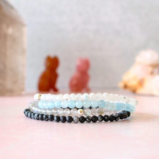 Moon Phase Crystal Bracelet Set | Aquamarine, Snowflake Obsidian, Moonstone, Labradorite | 4mm - Image 6