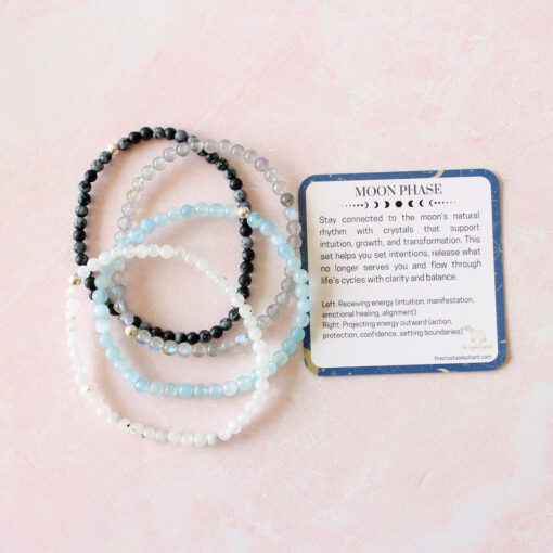Moon Phase Crystal Bracelet Set | Aquamarine, Snowflake Obsidian, Moonstone, Labradorite | 4mm - Image 2