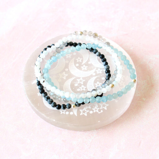 Moon Phase Crystal Bracelet Set | Aquamarine, Snowflake Obsidian, Moonstone, Labradorite | 4mm - Image 3
