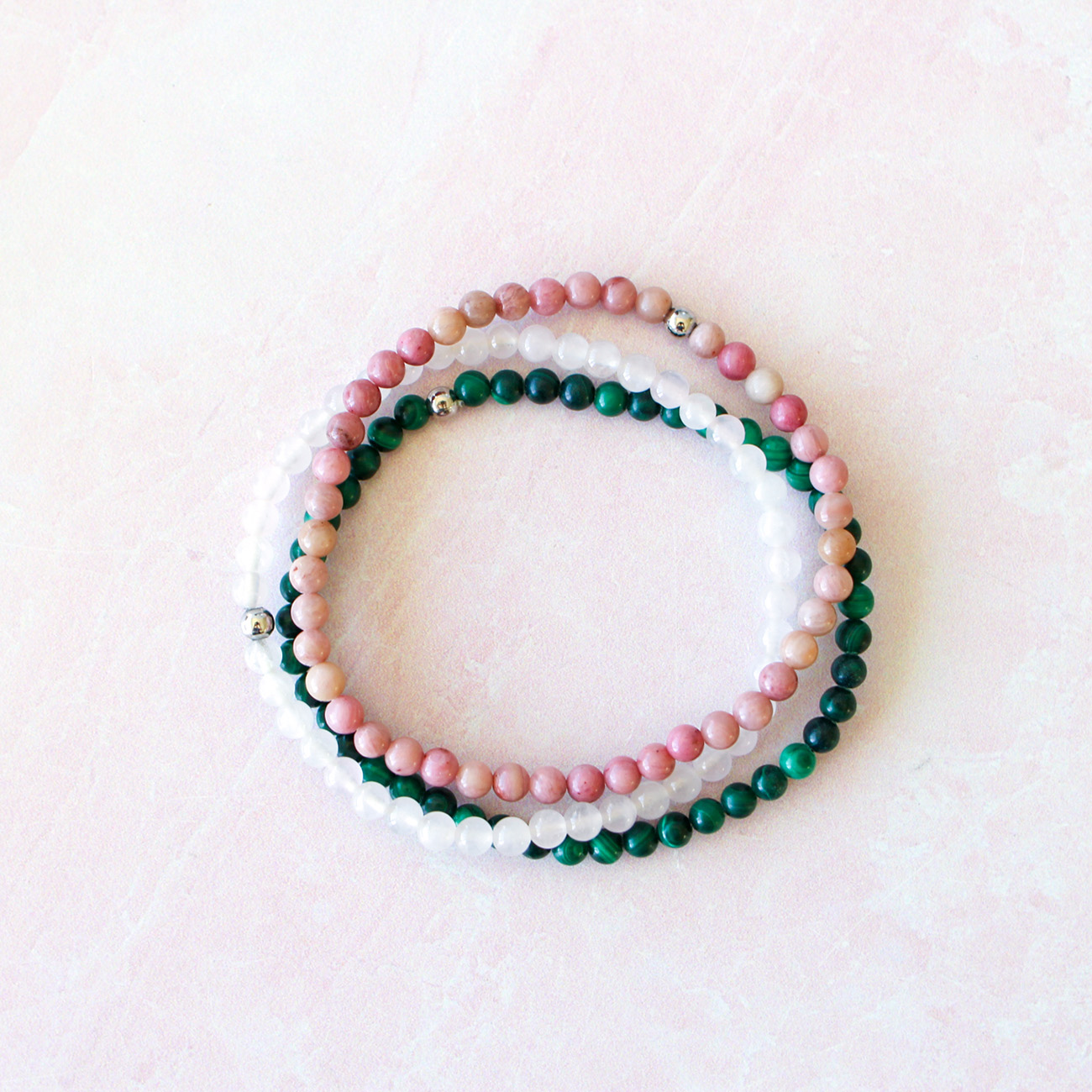 Dainty Attract Love Crystal Bracelet Set | Malachite, Rose Quartz, Rhodonite