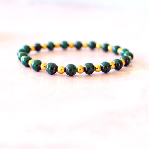 Malachite Crystal Stretch Bracelet- With Gold Beads | 6mm - Image 5