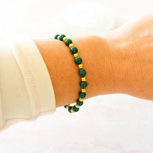 Malachite Crystal Stretch Bracelet- With Gold Beads | 6mm - Image 4