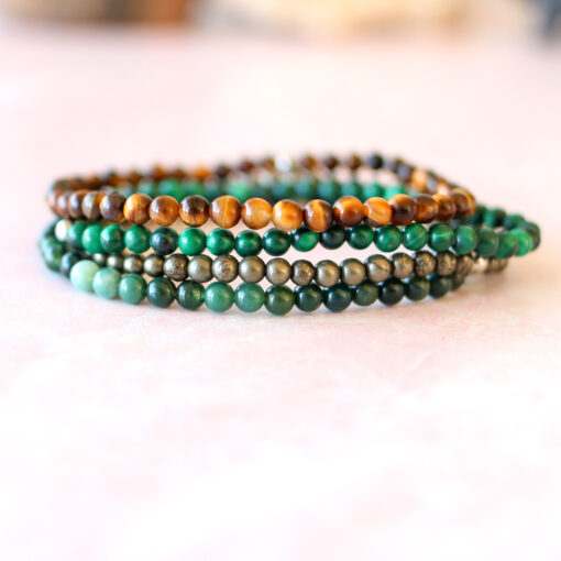 Dainty Attract Money Crystal Bracelet Stack | Pyrite, Tigers Eye, Moss Agate, Malachite - Image 2