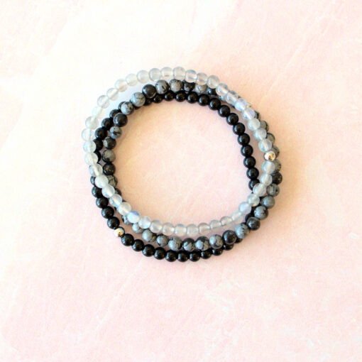 Protect Your Energy Natural Crystal Bracelet Set for Adults - Mini Labradorite, Black Onyx & Snowflake Obsidian with 4mm Beads for Stacking - Image 4