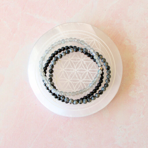 Protect Your Energy Natural Crystal Bracelet Set for Adults - Mini Labradorite, Black Onyx & Snowflake Obsidian with 4mm Beads for Stacking - Image 10