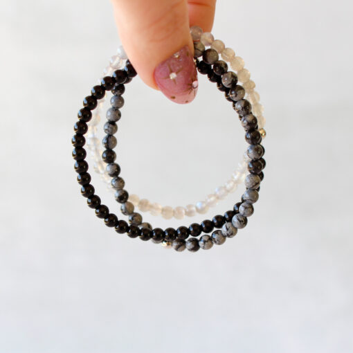 Protect Your Energy Natural Crystal Bracelet Set for Adults - Mini Labradorite, Black Onyx & Snowflake Obsidian with 4mm Beads for Stacking - Image 9