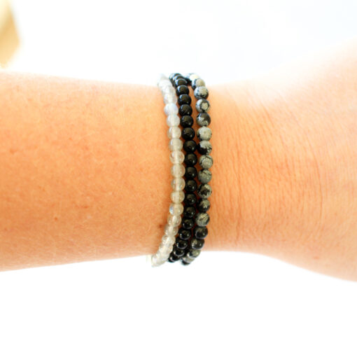 Protect Your Energy Natural Crystal Bracelet Set for Adults - Mini Labradorite, Black Onyx & Snowflake Obsidian with 4mm Beads for Stacking - Image 8