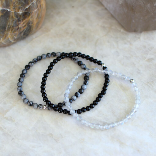 Protect Your Energy Natural Crystal Bracelet Set for Adults - Mini Labradorite, Black Onyx & Snowflake Obsidian with 4mm Beads for Stacking - Image 6