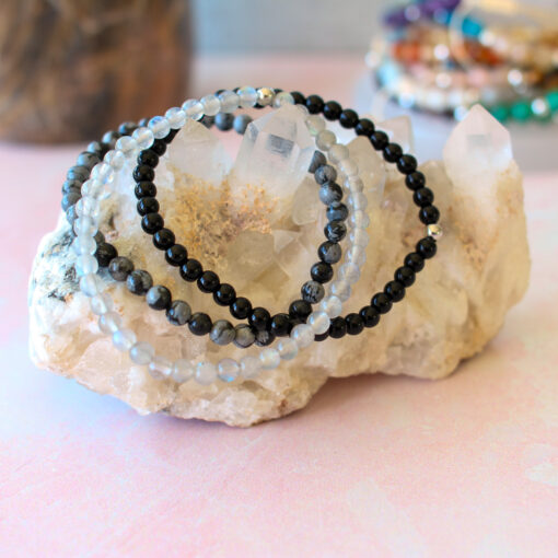 Protect Your Energy Natural Crystal Bracelet Set for Adults - Mini Labradorite, Black Onyx & Snowflake Obsidian with 4mm Beads for Stacking - Image 5