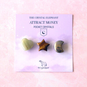 Attract Money pocket crystals: pyrite moon, green aventurine heart, tiger's eye star