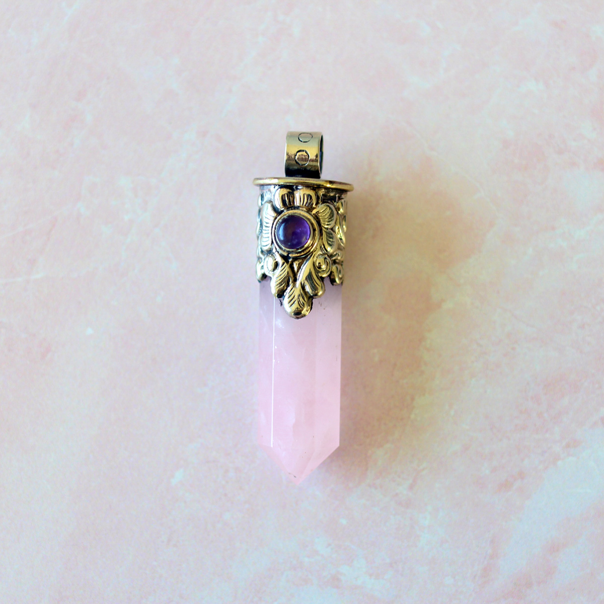 Handmade Crystal Pointed Pendant - Tibetan Silver - Rose Quartz - Amethyst - Image 4