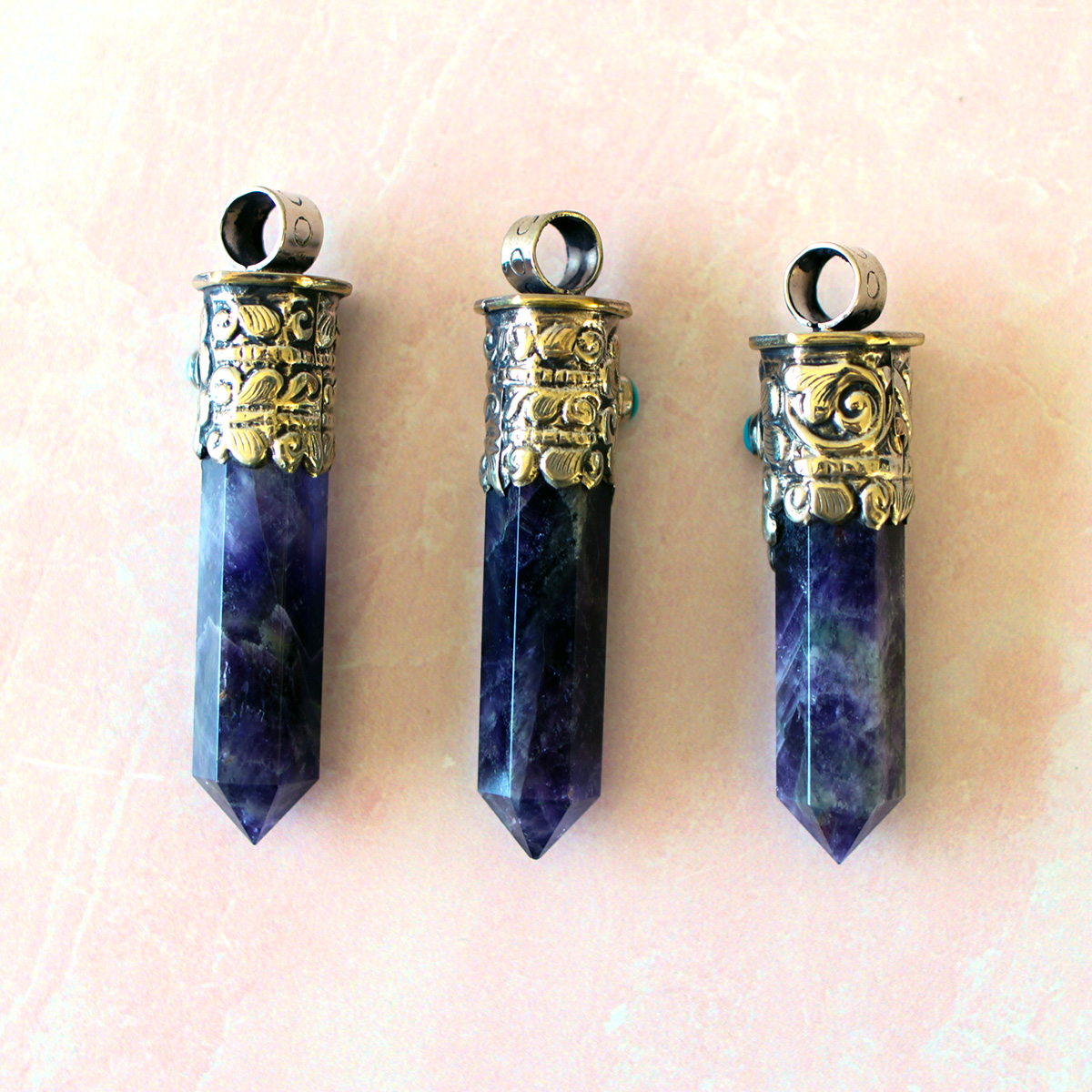 Handmade Crystal Pointed Pendant - Tibetan Silver - Rose Quartz - Amethyst - Image 6