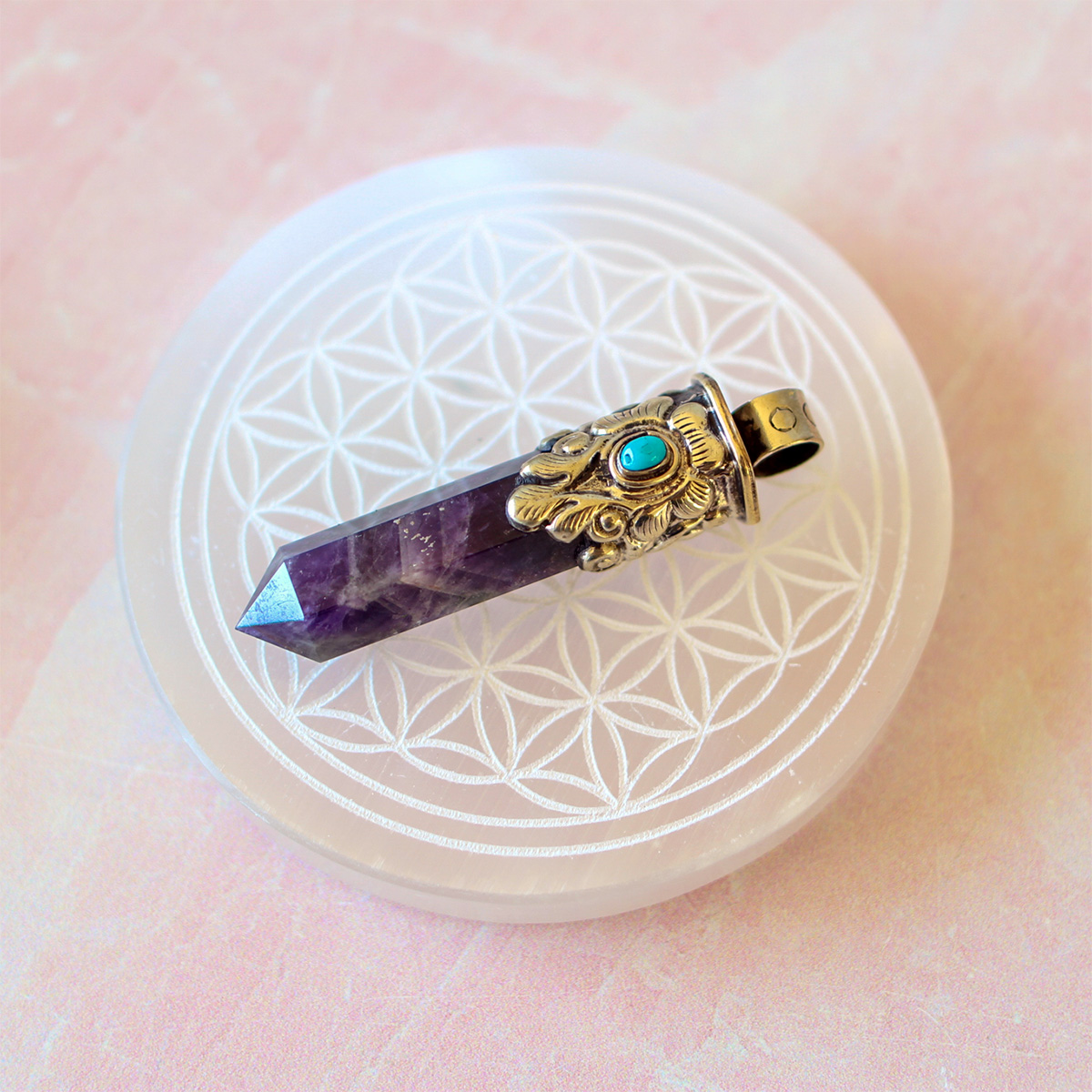 Handmade Crystal Pointed Pendant - Tibetan Silver - Rose Quartz - Amethyst - Image 3