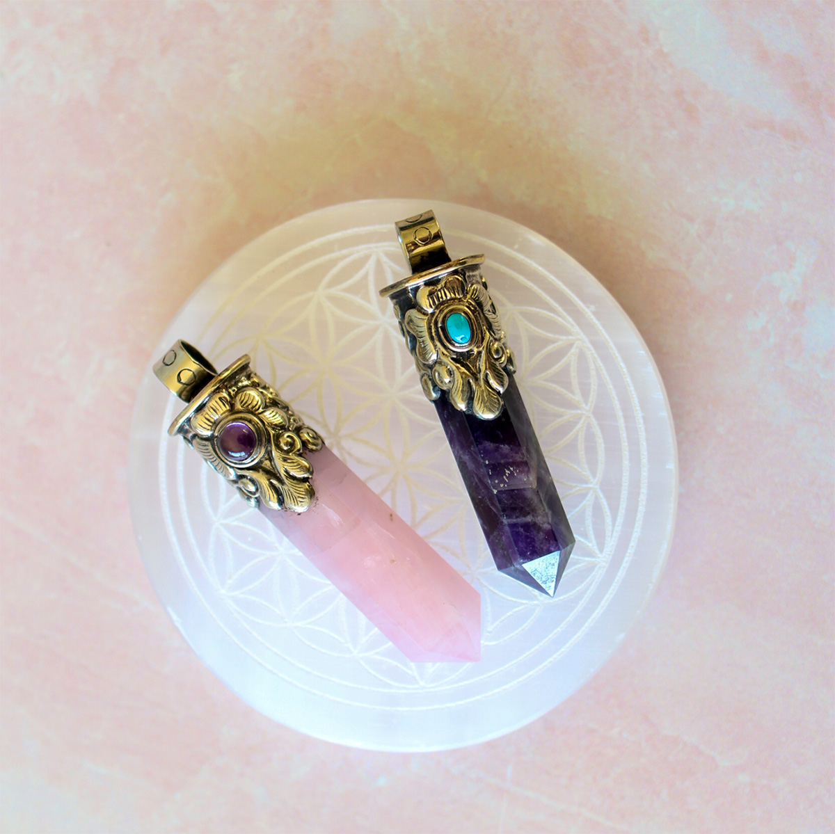 Handmade Crystal Pointed Pendant - Tibetan Silver - Rose Quartz - Amethyst
