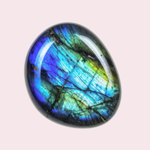 Polished labradorite stone showing blue and green flash